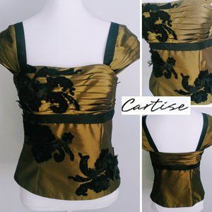 Y2K Olive & Black  Taffeta Satin Floral Applique Blouse Cap Sleeves Square Neck